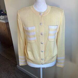 ▶️ Vintage St. john white yellow Varsity Cardigan sweater enamel buttons 6 USA